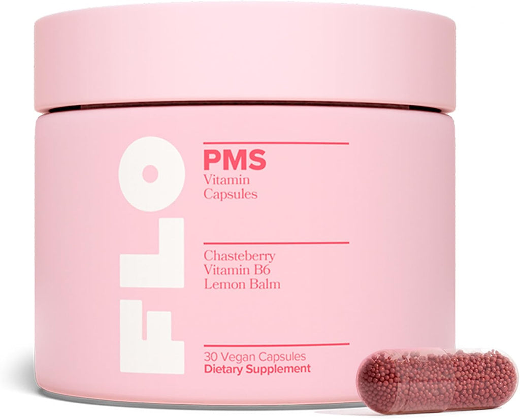 FLO PMS Vitamins Capsule for Women, 30 Servings (Pack of 1) - Proactive PMS Relief - Targets Hormonal Acne, Bloating, Cramps, & Mood Swings with Chasteberry, Vitamin B6, & Lemon Balm