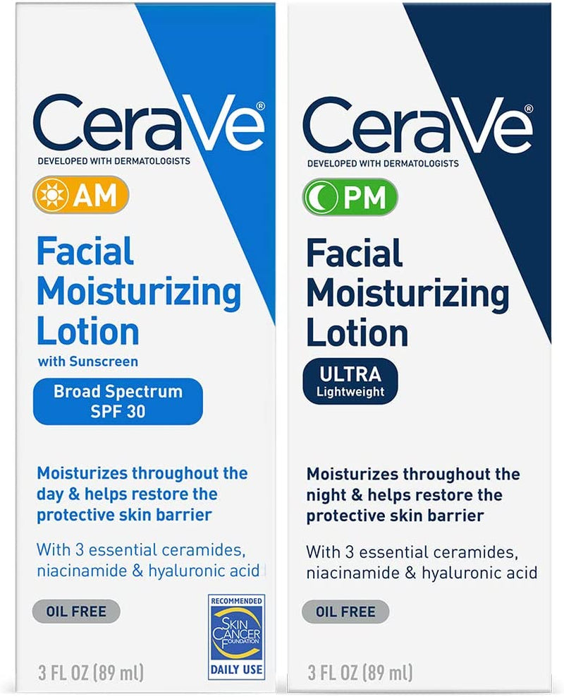 Cerave Day & Night Face Lotion Skin Care Set | Contains AM with SPF 30 and PM Face Moisturizer | Fragrance Free