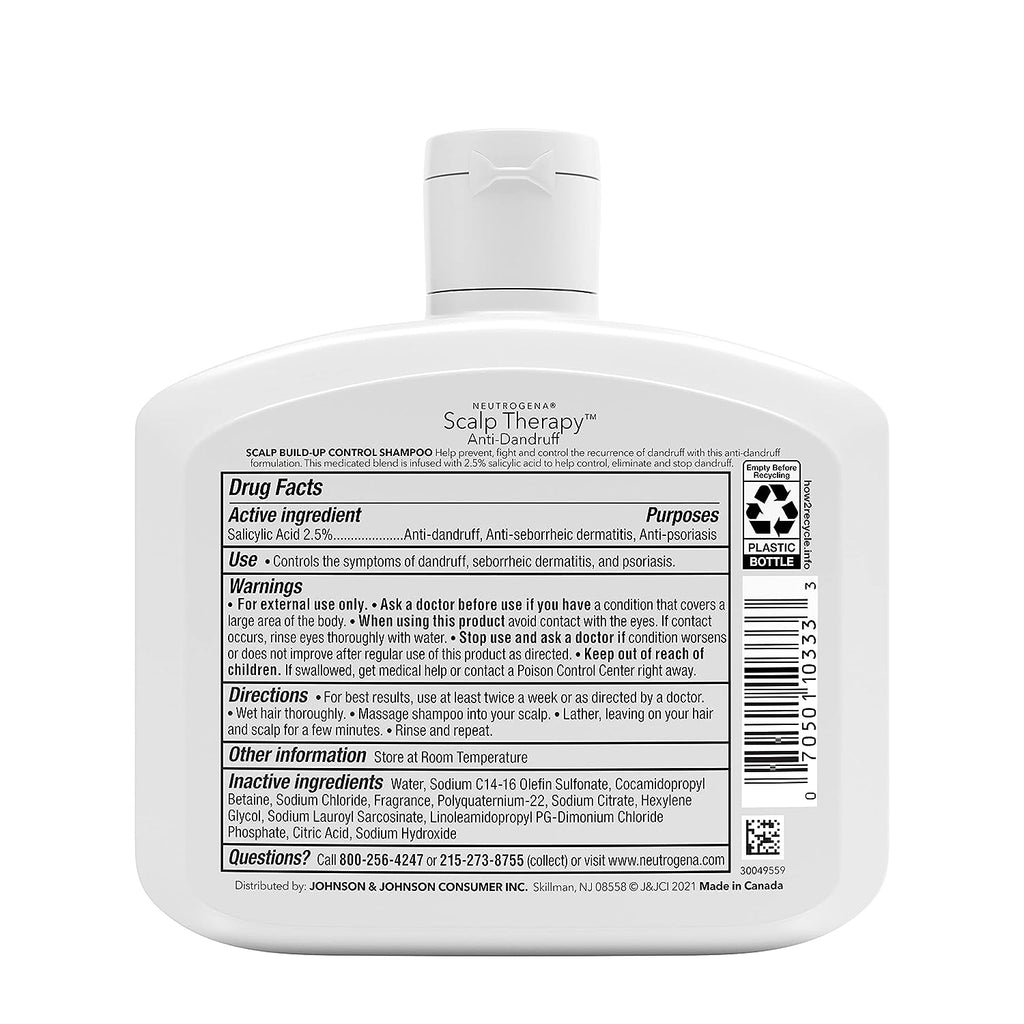 Neutrogena Scalp Therapy Anti-Dandruff Shampoo for Scalp Build-Up Control, 2.5% Salicylic Acid, with Apple Cider Vinegar Fragrance, 12 Fl Oz