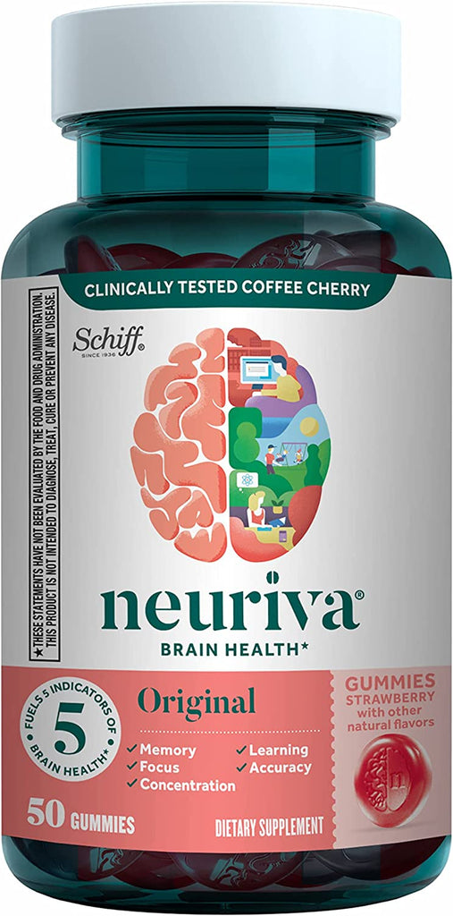 NEURIVA Original Brain Supplement for Memory, Focus & Concentration + Learning & Accuracy with Clinically Tested Nootropics Phosphatidylserine and Neurofactor, Caffeine Free, 50Ct Strawberry Gummies