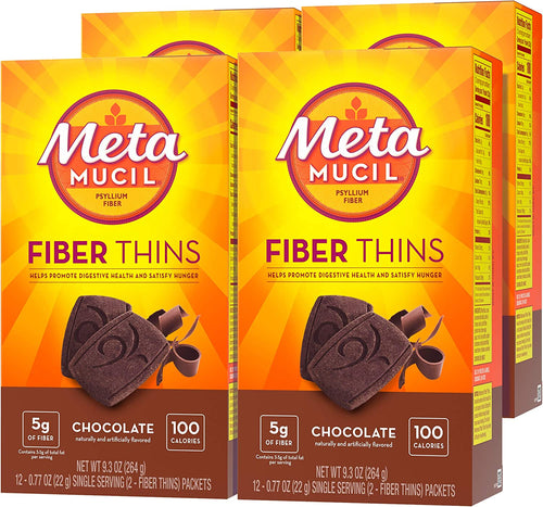 Metamucil, Fiber Thins, Daily Psyllium Husk Fiber Supplement, Supports Digestive Health and Satisfies Hunger, Chocolate Flavor, 12 Servings (Pack of 4)