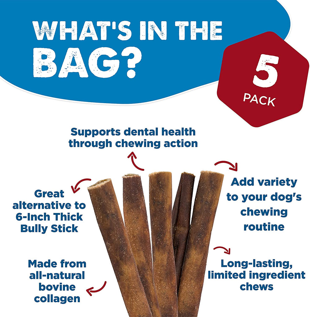 Best Bully Sticks All Natural 6 Inch Beef Collagen Sticks Highly Digestible, Limited Ingredient, Rawhide Alternative Dog Chew - Free-Range Grass-Fed Beef Dog Treats - 5 Pack