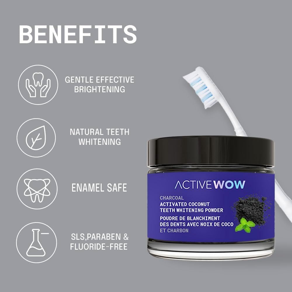 Active Wow Activated Coconut Charcoal Powder - Natural Whitening Activated Charcoal, Charcoal Spearmint Toothpaste, Fluoride Free, Sulfate & Paraben Free, Charcoal Toothpaste Powder (Spearmint)
