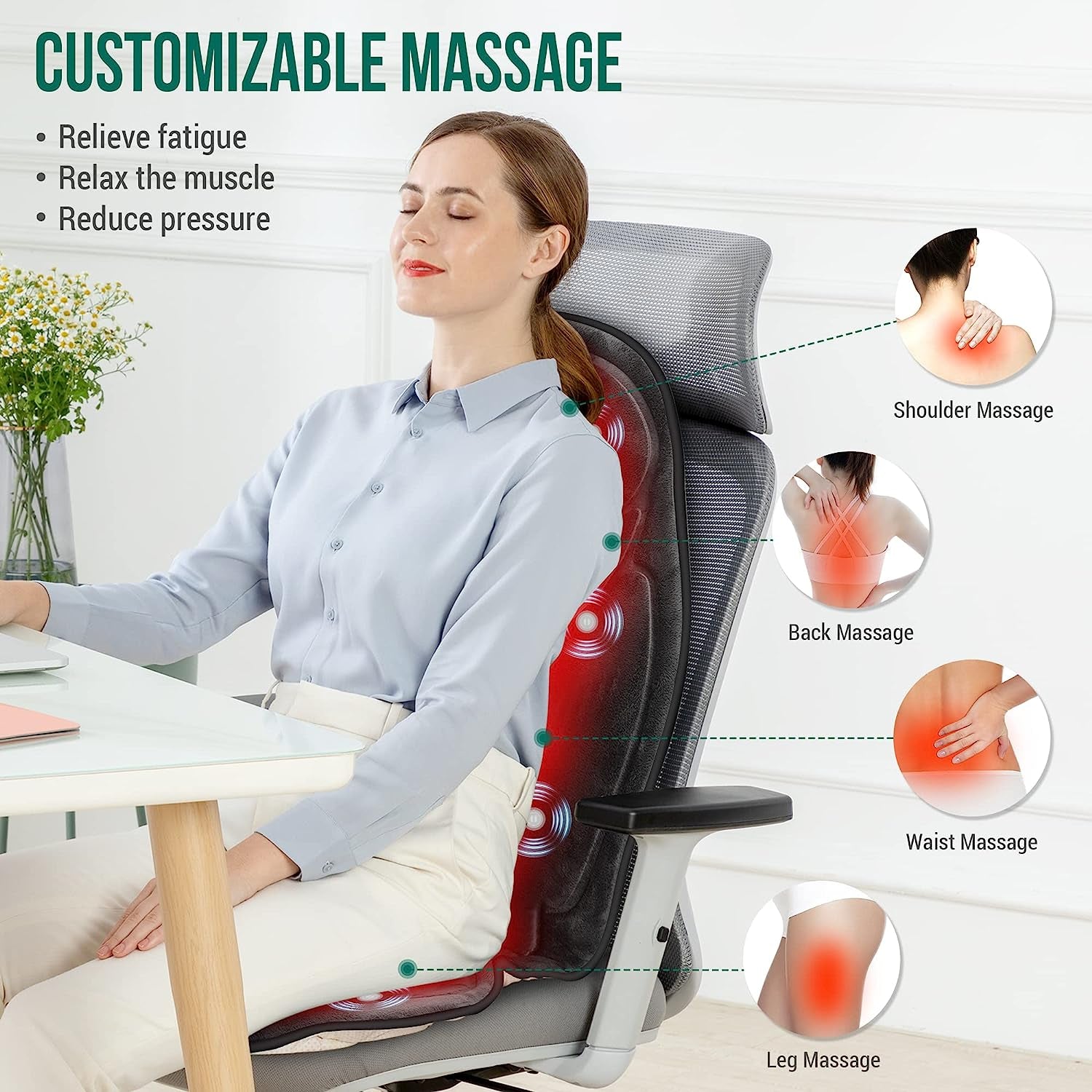 "Ultimate Comfort and Relaxation: Snailax Memory Foam Back Massage Seat Cushion with 5 Massage Modes, 2 Heat Settings - Perfect for Office Chair and Home Use"