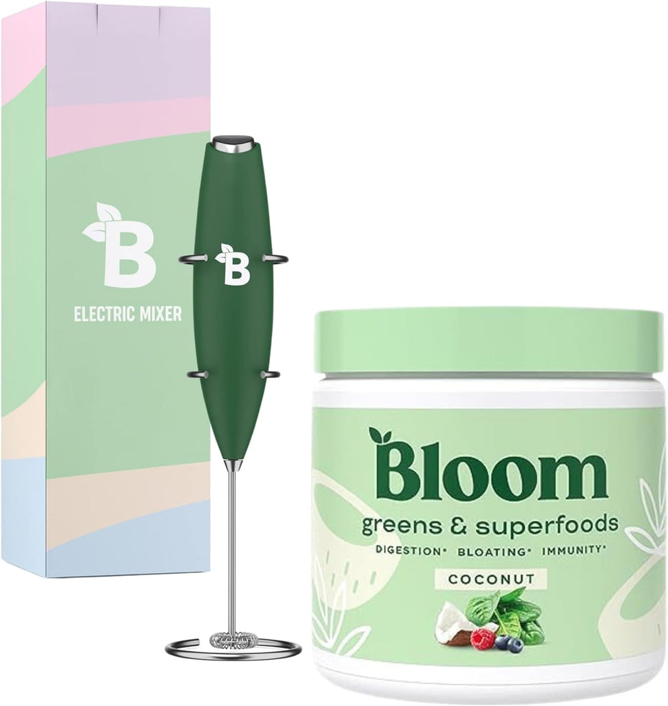 "Bloom Nutrition Super Greens Powder Smoothie and Juice Mix: The Ultimate Digestive Health and Bloating Relief Solution for Women, Enhanced with Probiotics! Includes Coconut + Milk Frother High Powered Hand Mixer for a Creamy and Delicious Blend!"