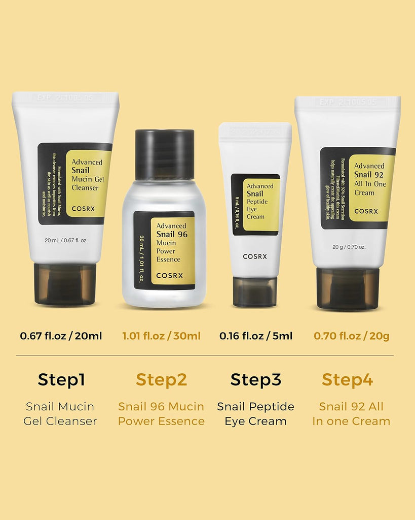 "Ultimate Snail Care Kit: TSA Approved Travel Size | Complete Korean Skincare Set with Facial Cleanser, Essence, Cream & Eye Cream | Repair, Recover, and Rejuvenate with Snail Mucin"