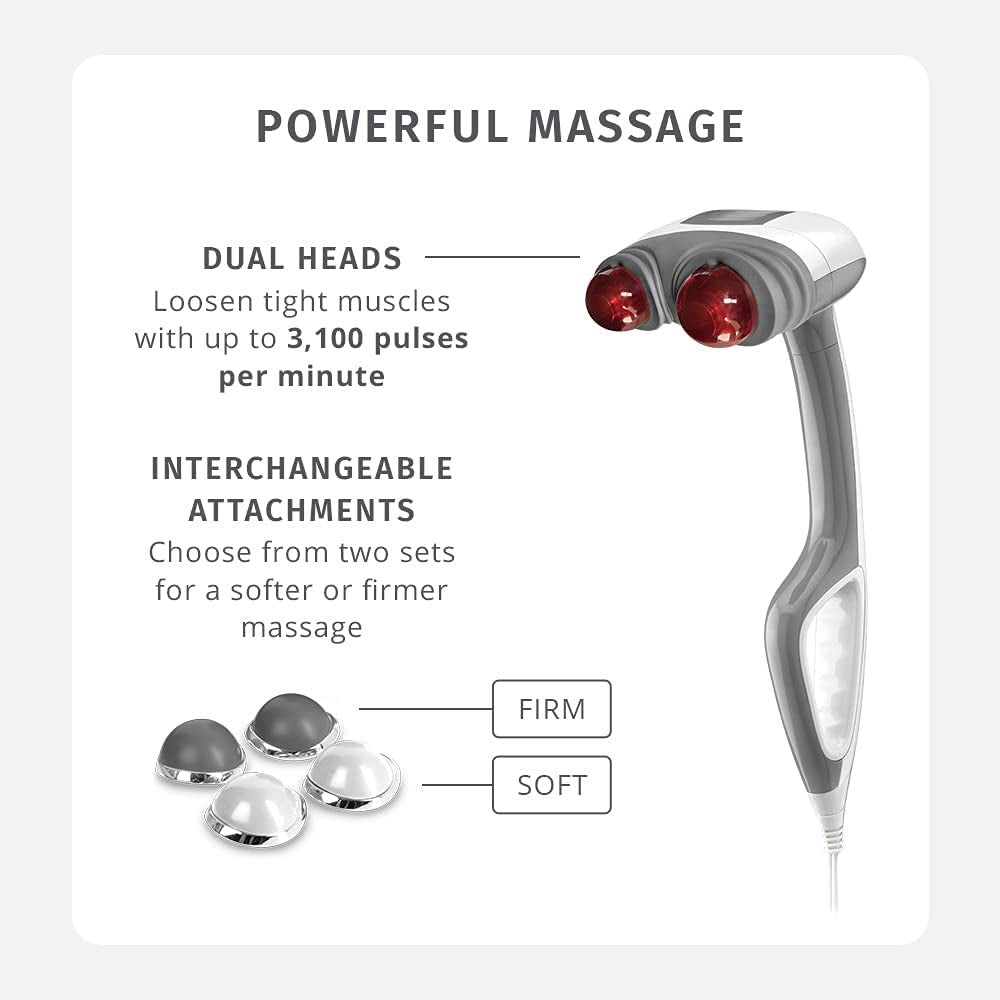  Homedics Back Massager - Heated Automatic Percussion Back, Body  and Neck Massager with Duel Pivoting Heads, Interchangeable Nodes, For  Shoulders, Legs and Feet, White : Health & Household