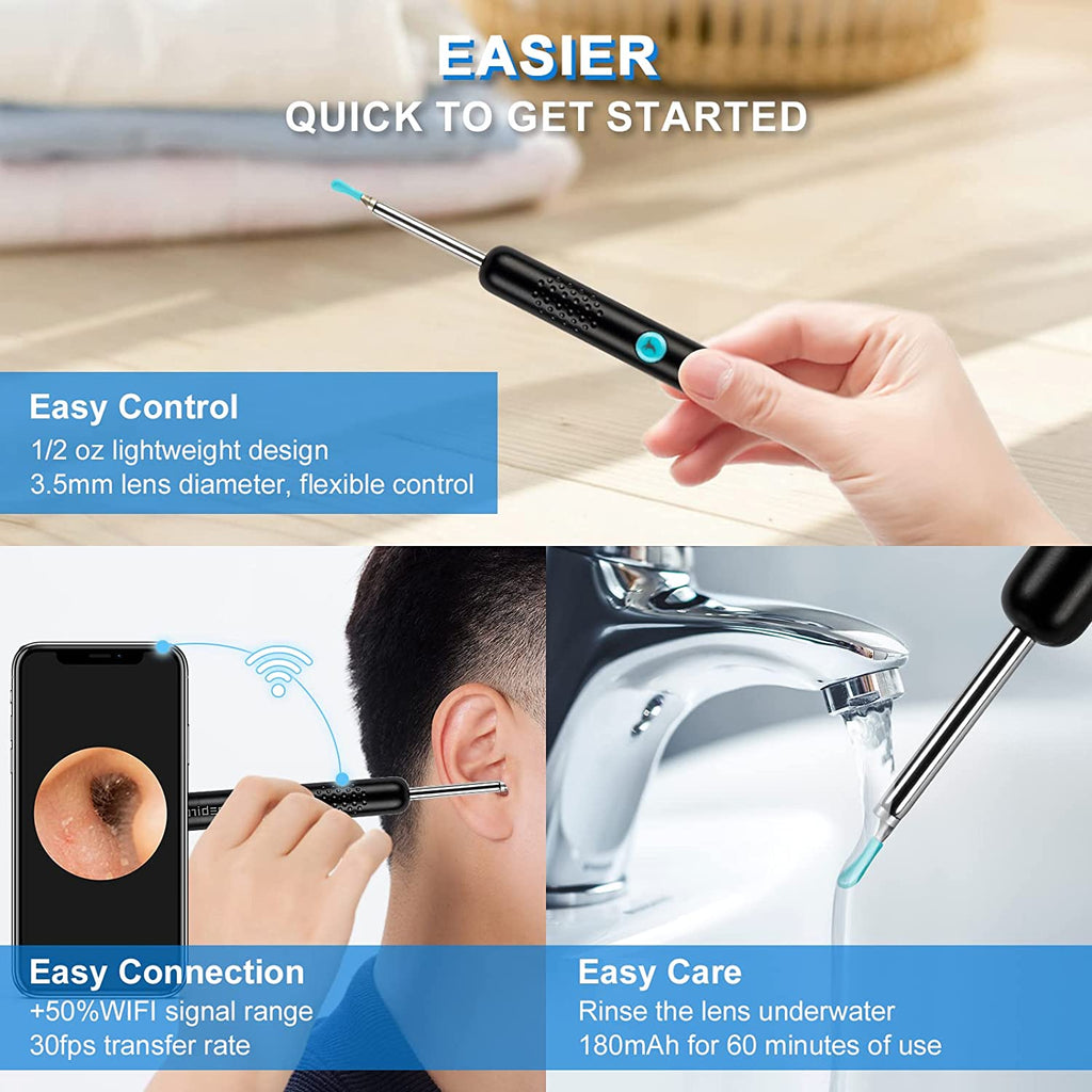 Ear Wax Removal Tool Camera - R1 Upgraded Anti-Fall off Eartips Ear Cleaner with Camera, Wireless Otoscope with 1080P HD Waterproof Ear Camera, Earwax Removal Kit for Iphone, Android, Black