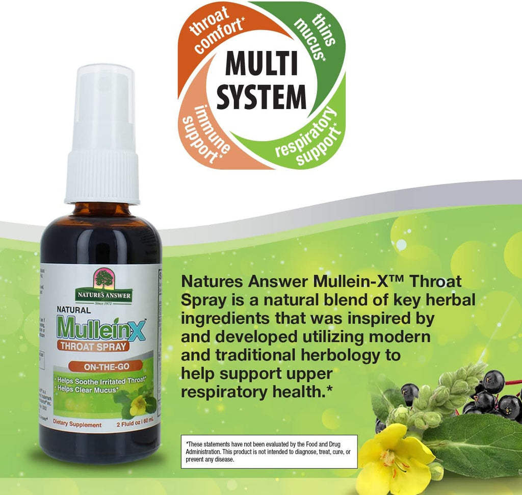 Mullein-X Throat Spray 2 Fluid Ounce | on the Go | Soothes Throat | Clears Mucus | Gluten Free, Non GMO, Vegetarian | Natural Peppermint Flavor