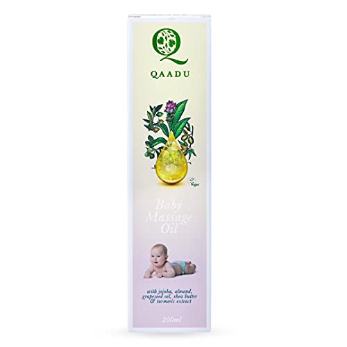QAADU Ayurvedic Soothing Baby Massage Oil, Turmeric & Shea Butter Extracts, Mild & Gentle on All Skin Types, No Harmful Chemicals, Jojoba Oil, Almond Oil, Sandalwood Oil, Coconut Oil, Keep baby Skin Soft 200 ML