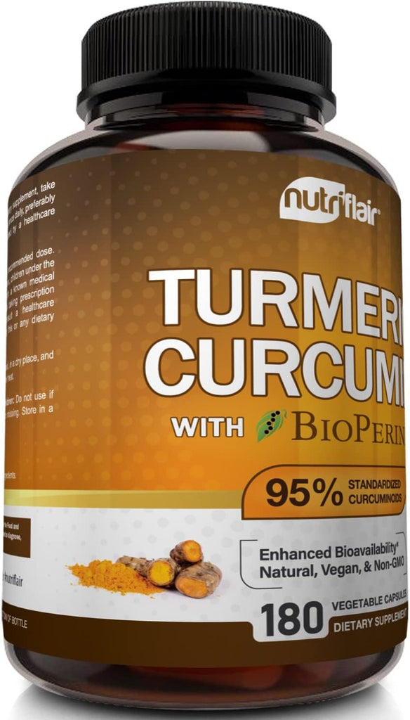 "Turmeric Powerhouse: Boost Your Health with Nutriflair's 1300mg Turmeric Curcumin Supplement - Enhanced with Bioperine for Maximum Absorption - 180 Capsules"