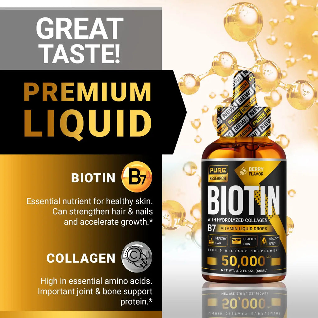 Pure Research Biotin & Collagen Hair Growth Liquid Drops 25,000 - 50,000Mcg Supports Strong Nails, Glowing Skin -  Healthy Hair Growth. Great Absorption (2Fl Oz)