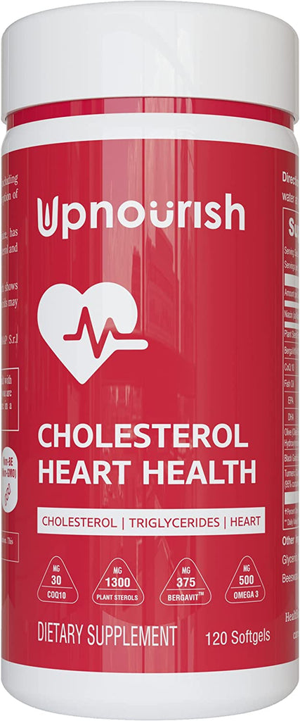 "Boost Your Heart Health with Upnourish Cholesterol Supplement - Packed with Powerful Ingredients like Citrus Bergamot, Plant Sterols, Coenzyme Q10, Omega 3, Turmeric, Black Garlic, and Olive Leaf Extract - Take Charge of Your Cholesterol Levels Today!"