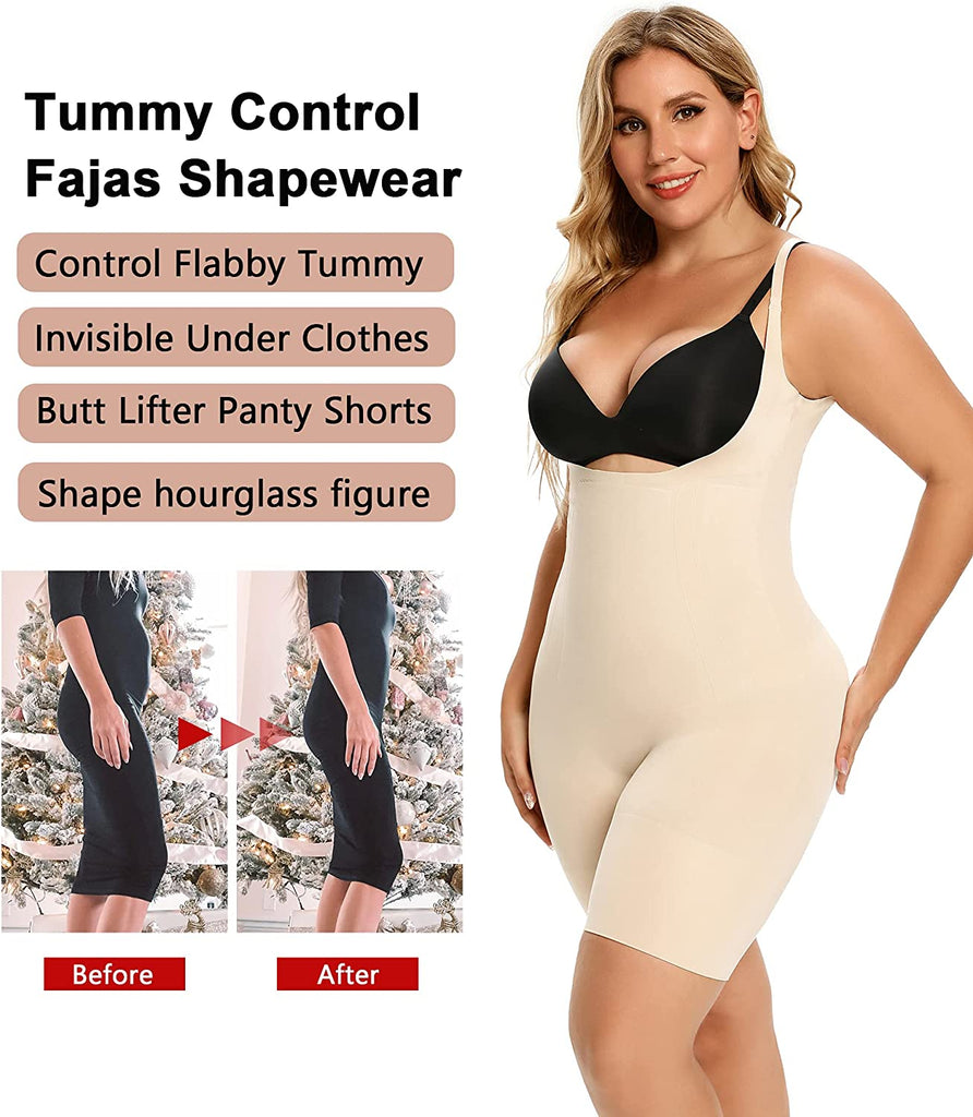 SHAPERX Tummy Control Shapewear for Women Seamless Bodysuit Open Bust Mid Thigh Body Shaper Shorts