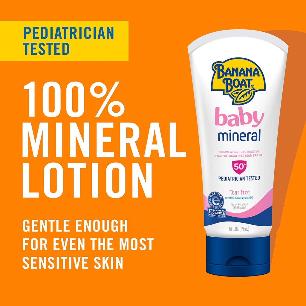Banana Boat Baby 100% Mineral, Tear-Free, Reef Friendly, Broad Spectrum Sunscreen Lotion, SPF 50, 6Oz. , 2 Count (Pack of 1)