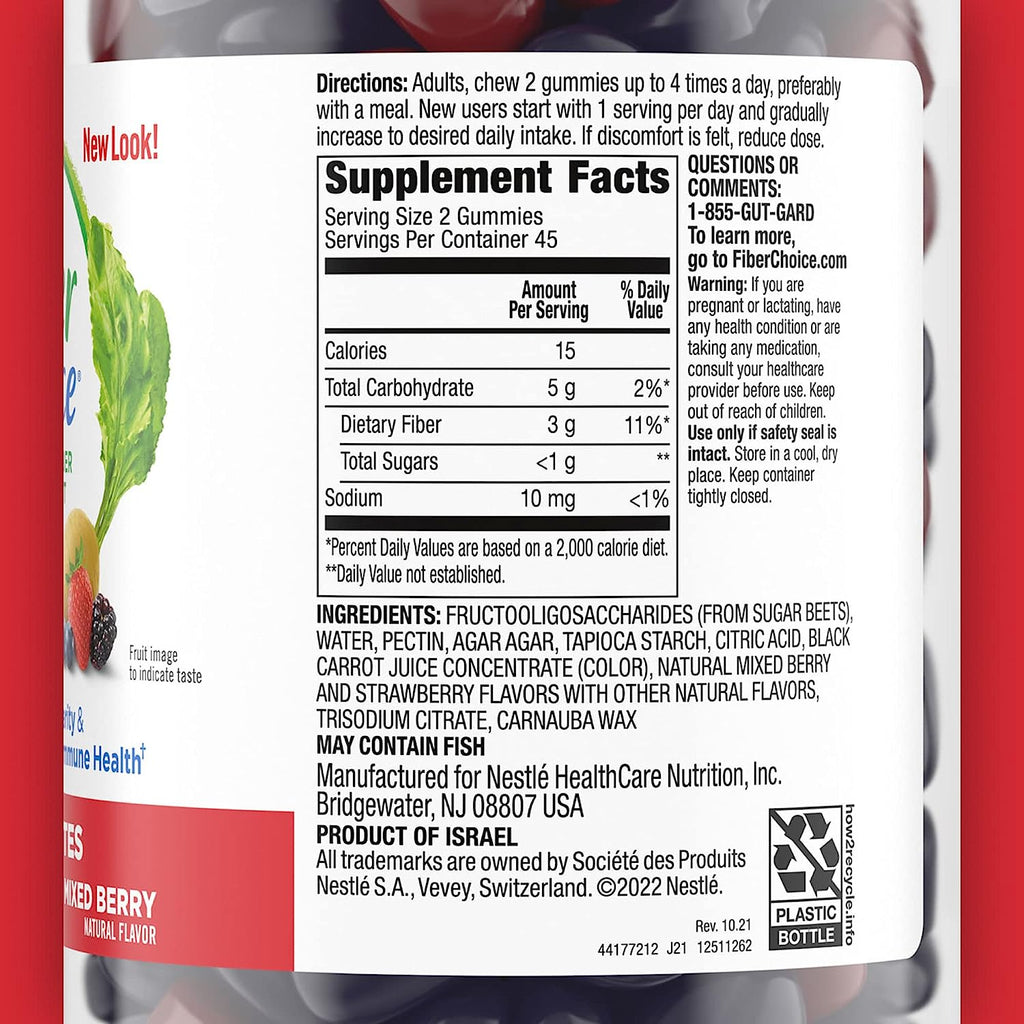 Fiber Choice 3G Mixed Berry Prebiotic Fiber Supplement Gummies - 90 Count (2 per Serving)