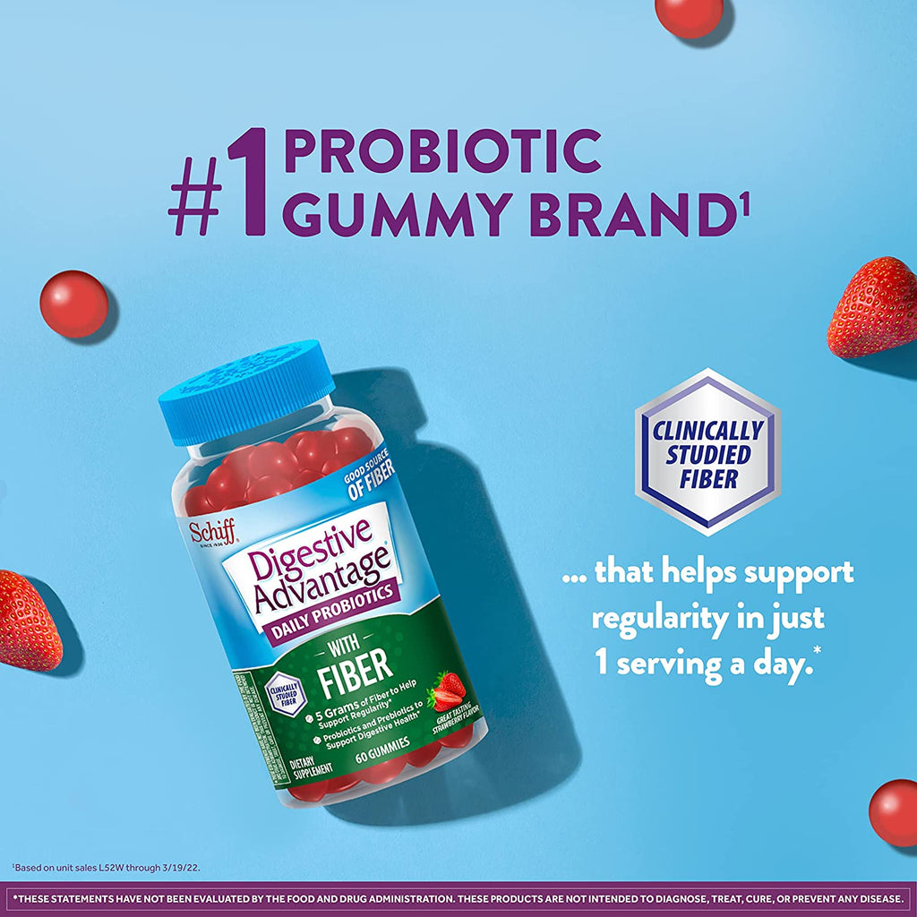 Digestive Advantage Prebiotic Fiber Gummies + Probiotics for Digestive Health, Daily Gummies for Women & Men, Digestive Supplement for Regularity & Gut Health, 60Ct Strawberry Flavor