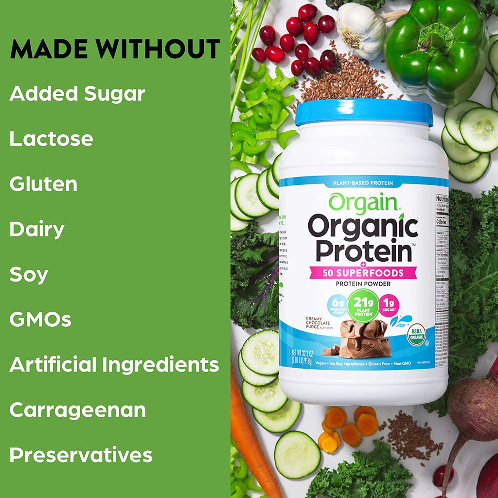 Orgain Organic Protein + Superfoods Powder, Creamy Chocolate Fudge - 21G of Protein, Vegan, Plant Based, 6G of Fiber, No Dairy, Gluten, Soy or Added Sugar, Non-Gmo, 2.02 Lb