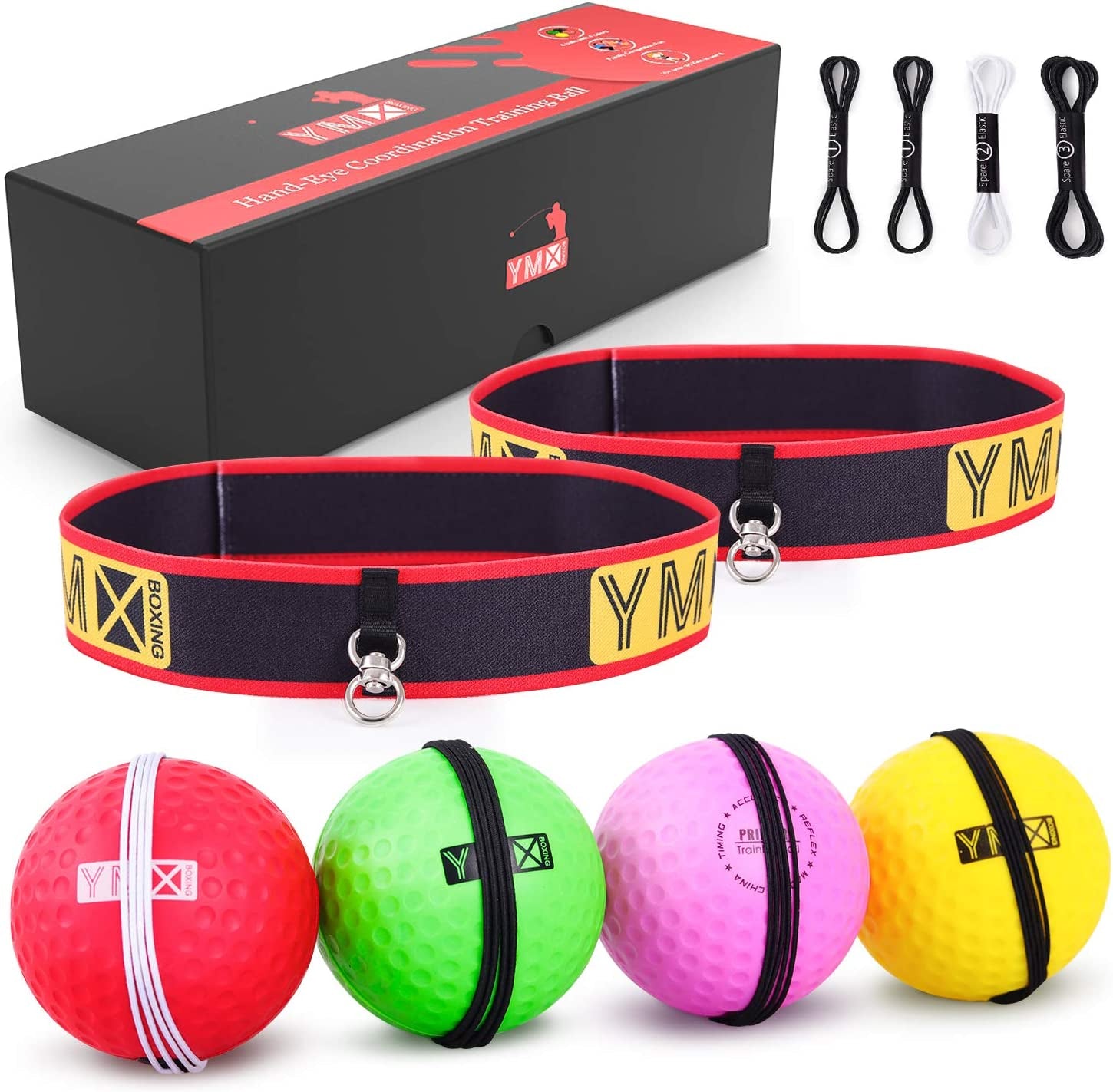 YMX BOXING Ultimate Reflex Ball Set - 4 React Reflex Ball plus 2 Adjustable Headband, Great for Reflex, Timing, Accuracy, Focus and Hand Eye Coordination Training for Boxing, MMA and Krav Mega