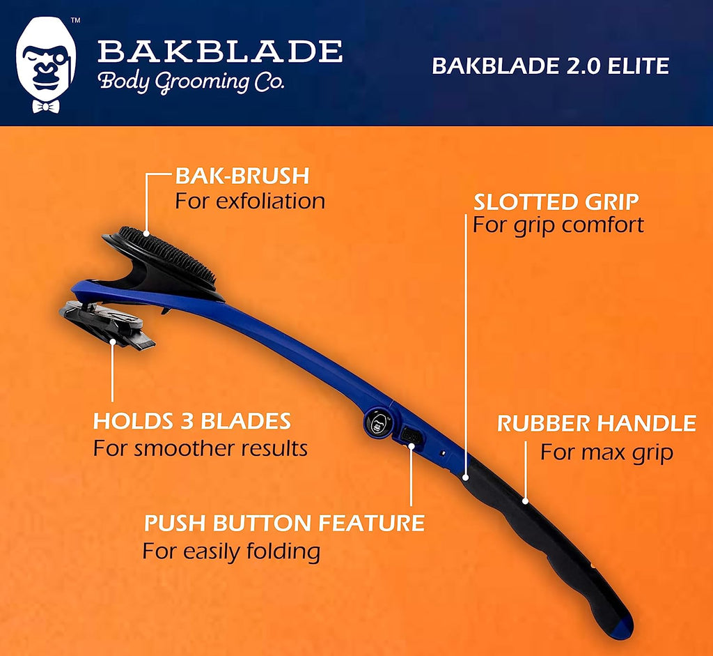 Bakblade 2.0/Elite plus - Back Hair Removal and Body Shaver (DIY), Easy to Use Ergonomic Handle for a Close, Pain-Free Shave, 3 of the Wet or Dry Disposable Razor Blades, Scrubbing Sleeve Included