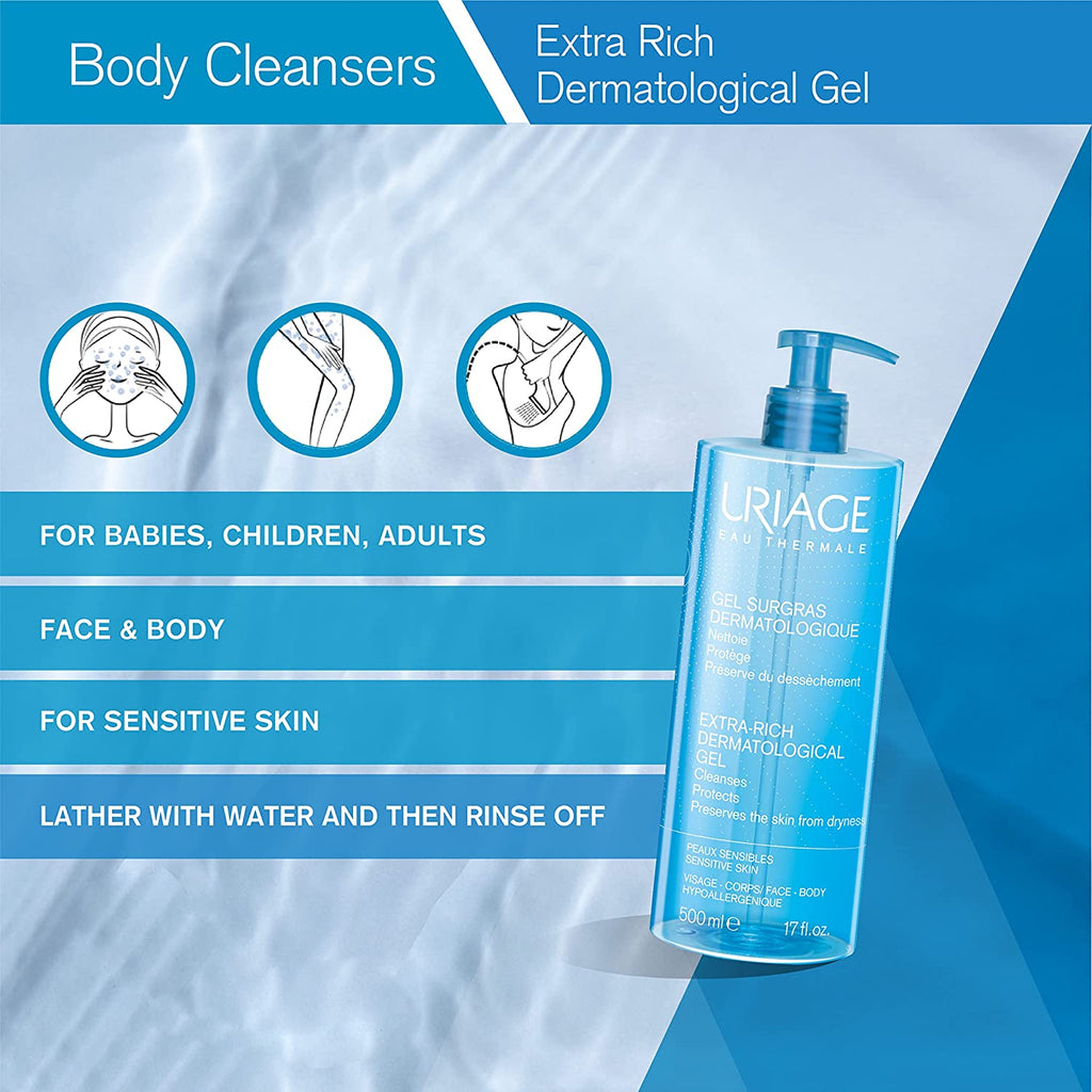 URIAGE Extra Rich Dermatological Gel 17 Fl.Oz. | Fresh and Extra Gentle Cleansing Gel for Face and Body That Leaves Skin Soft, Moisturized and Comfortable | Preserves the Skin from Dryness - Free & Fast Delivery