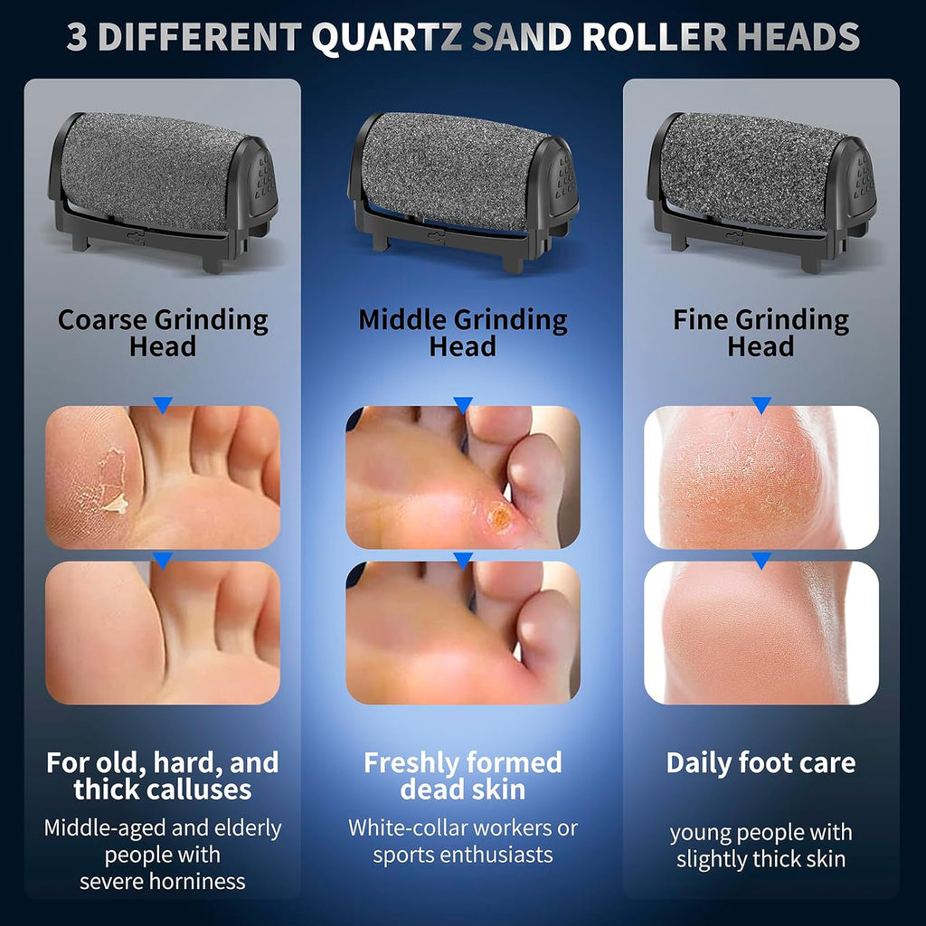 "Get Smooth and Beautiful Feet with our Electric Foot Scrubber - Waterproof, Portable and Perfect for Removing Hard and Cracked Dead Skin - Includes 3 Rollers and Battery Insertion - Great Christmas Gift - Sleek Black Design!"