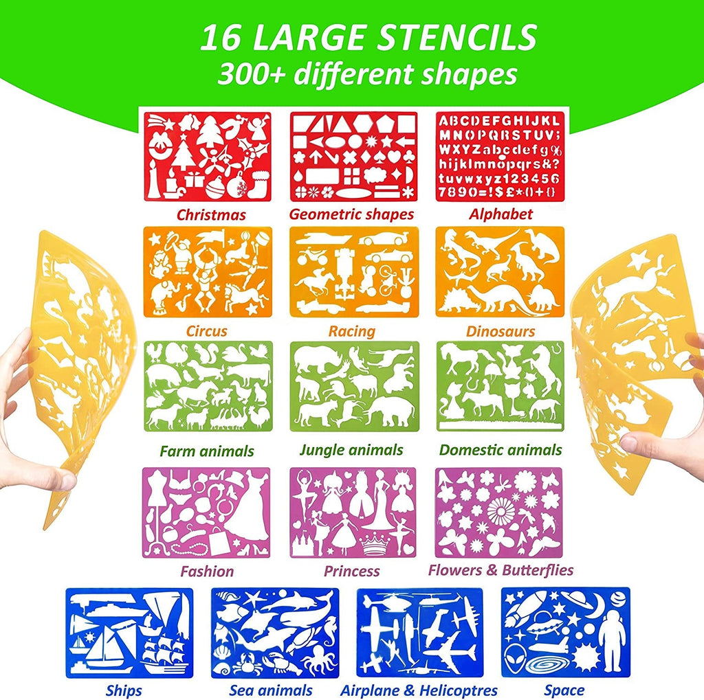 "Creative Kids Drawing Stencils Set - 54 Pcs, Perfect Gift for Boys and Girls, Ideal for Christmas and Birthdays, Ages 4-9+, Portable Art Kit for Travel and Fun Activities"