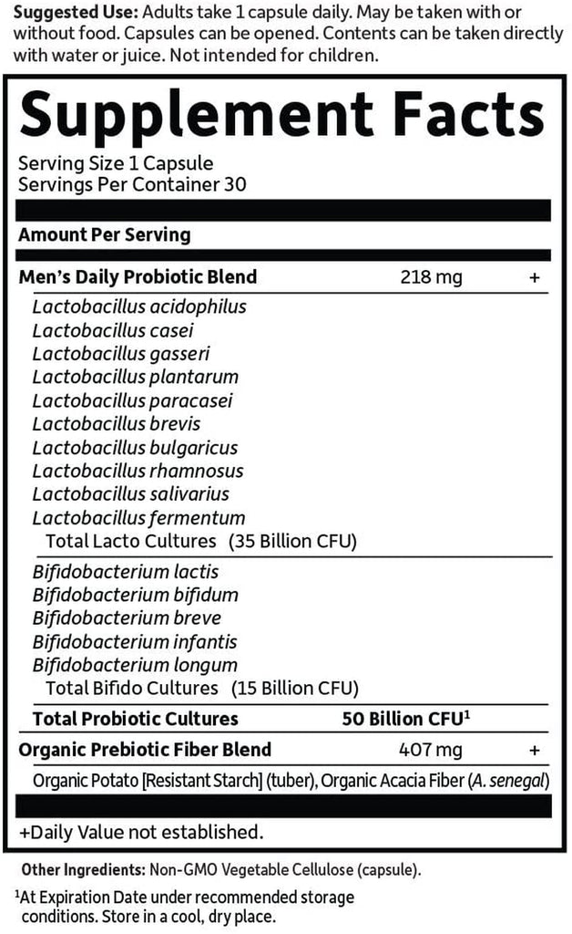 Garden of Life Probiotics for Men - Dr Formulated 50 Billion CFU Probiotic + Prebiotic Fiber for Men’S Digestive & Immune Health, 15 Strains, Daily Constipation Relief, Gas & Bloating, 30 Capsules - Free & Fast Delivery