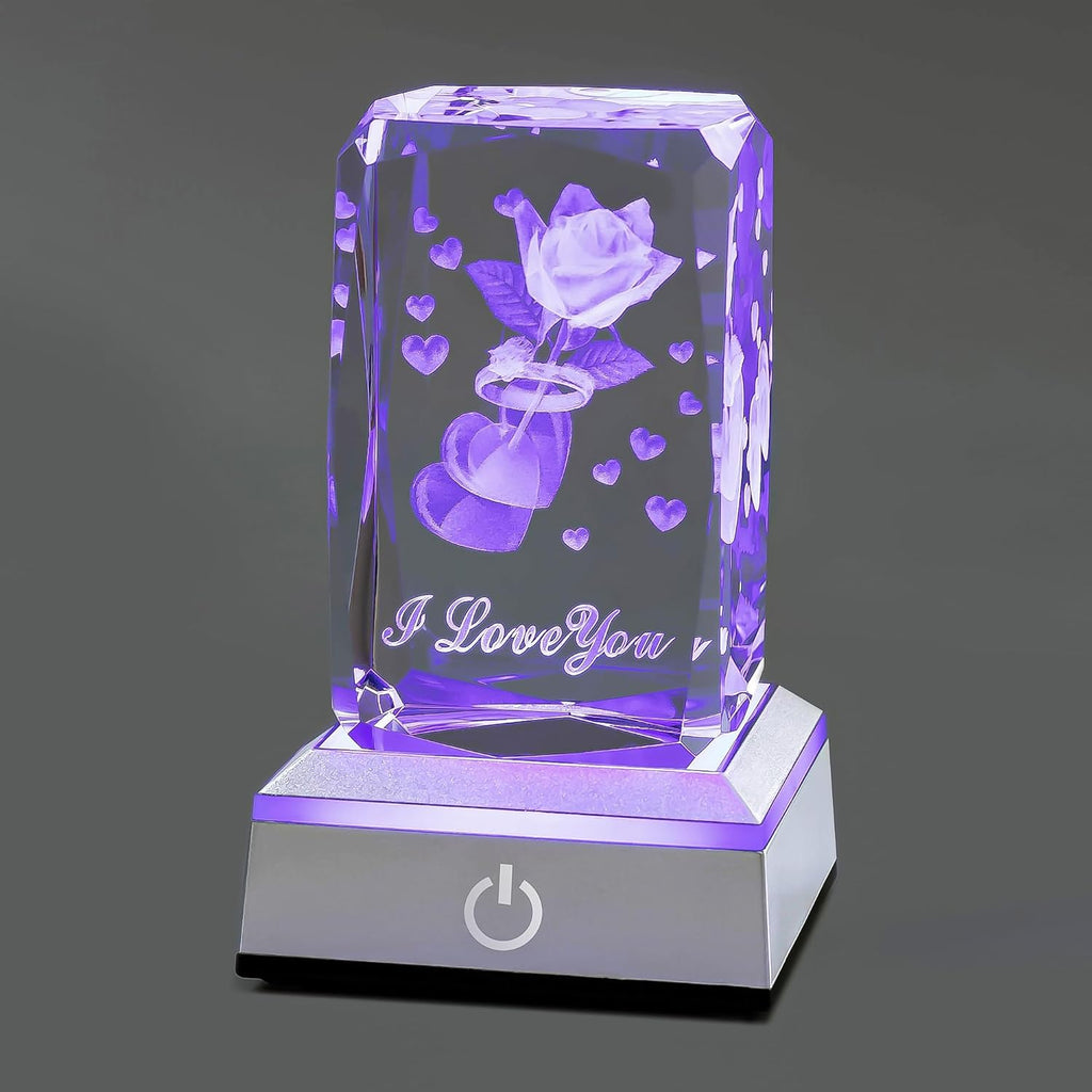 "Romantic 3D Rose Crystal Nightlight - Express Your Love with the Perfect Gift for Her - Ideal for Thanksgiving, Christmas, Valentine's Day, Anniversaries, and Birthdays"