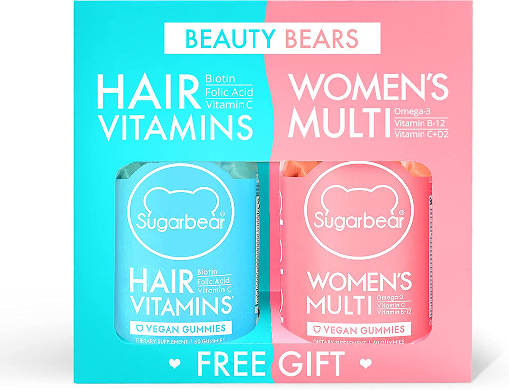 Sugarbear Vitamins (Beauty Bears) Vegan Hair Gummy Vitamins with Biotin, Vitamin D, Folic Acid + Women's Multivitamins for Hair, Skin & Nails - Best Gift 