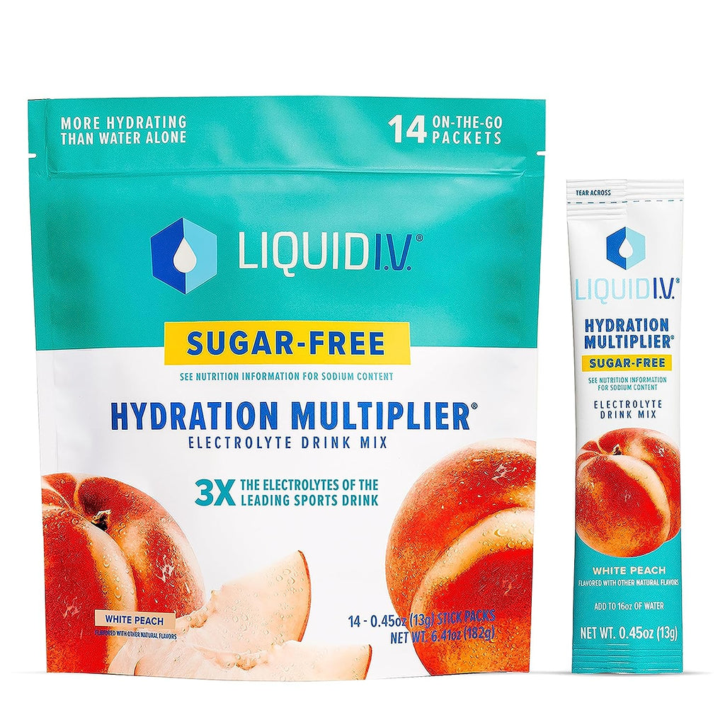 "Introducing Liquid I.V. White Peach Sugar-Free Hydration Multiplier - Stay Refreshed with Electrolyte Drink Mix! Convenient Single-Serving Stick Packs for On-the-Go Hydration. Non-GMO and Deliciously Effective - Get Yours Today!"