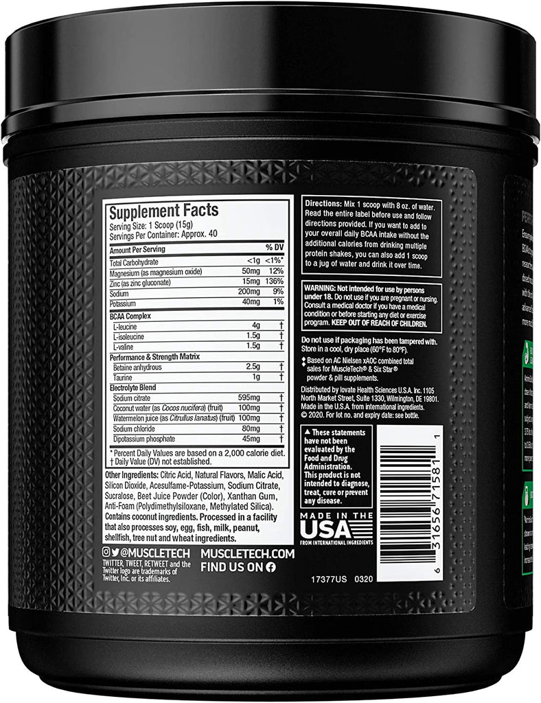 BCAA Amino Acids + Electrolyte Powder | Muscletech Amino Build | 7G of Bcaas + Electrolytes | Support Muscle Recovery, Build Lean Muscle & Boost Endurance | Strawberry Watermelon (40 Servings) - Free & Fast Delivery