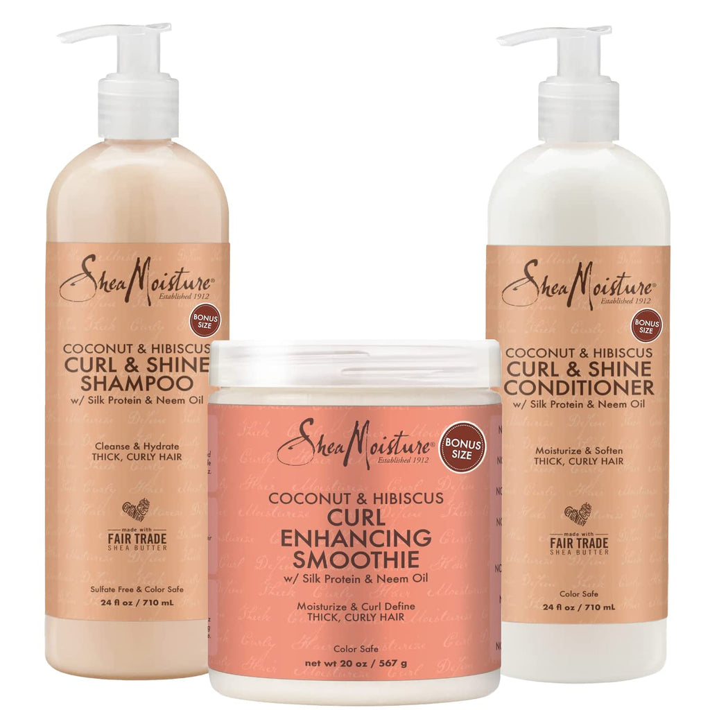 Shea Moisture Shampoo and Conditioner Set, Coconut and Hibiscus Curl & Shine 13-Oz Ea Bundled with Curl Enhancing Smoothie 12-Oz. Curly Hair Products with Coconut Oil, Vitamin E & Neem Oil - Free & Fast Delivery