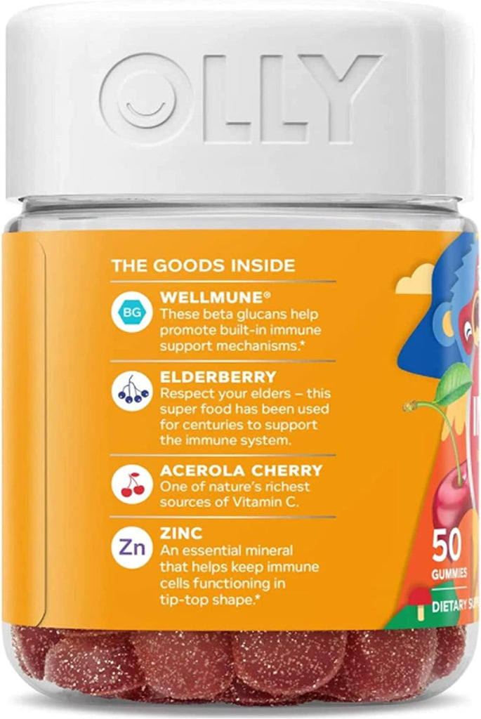 OLLY Kids Immunity Gummy, Immune Support, Wellmune, Elderberry, Vitamin C, Zinc, Chewable Supplement, Cherry - 50 Count - Free & Fast Delivery