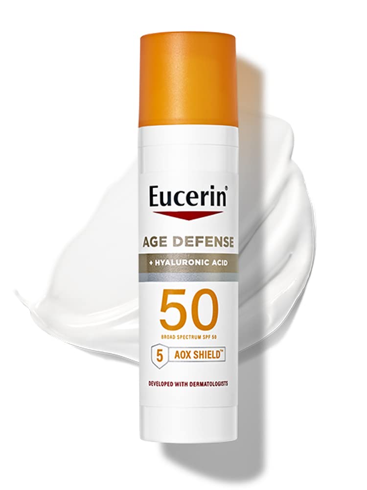 Eucerin Sun Age Defense SPF 50 Face Sunscreen Lotion with Hyaluronic Acid, Facial Sunscreen with 5 Antioxidants, 2.5 Fl Oz Bottle (Color: White)