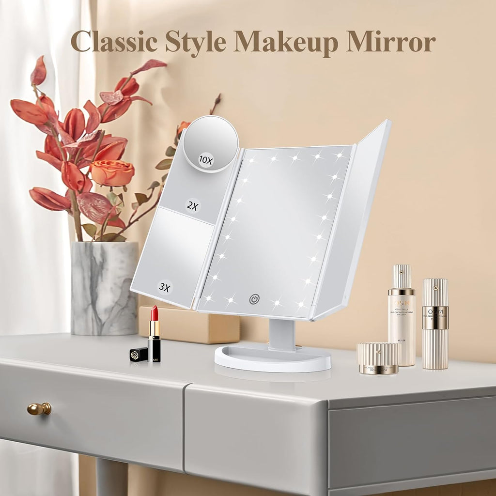 "Illuminate Your Beauty: Tri-Fold LED Makeup Mirror with Touch Control, 10X Magnification, and Dual Power Supply - Perfect Women's Gift in Elegant White"