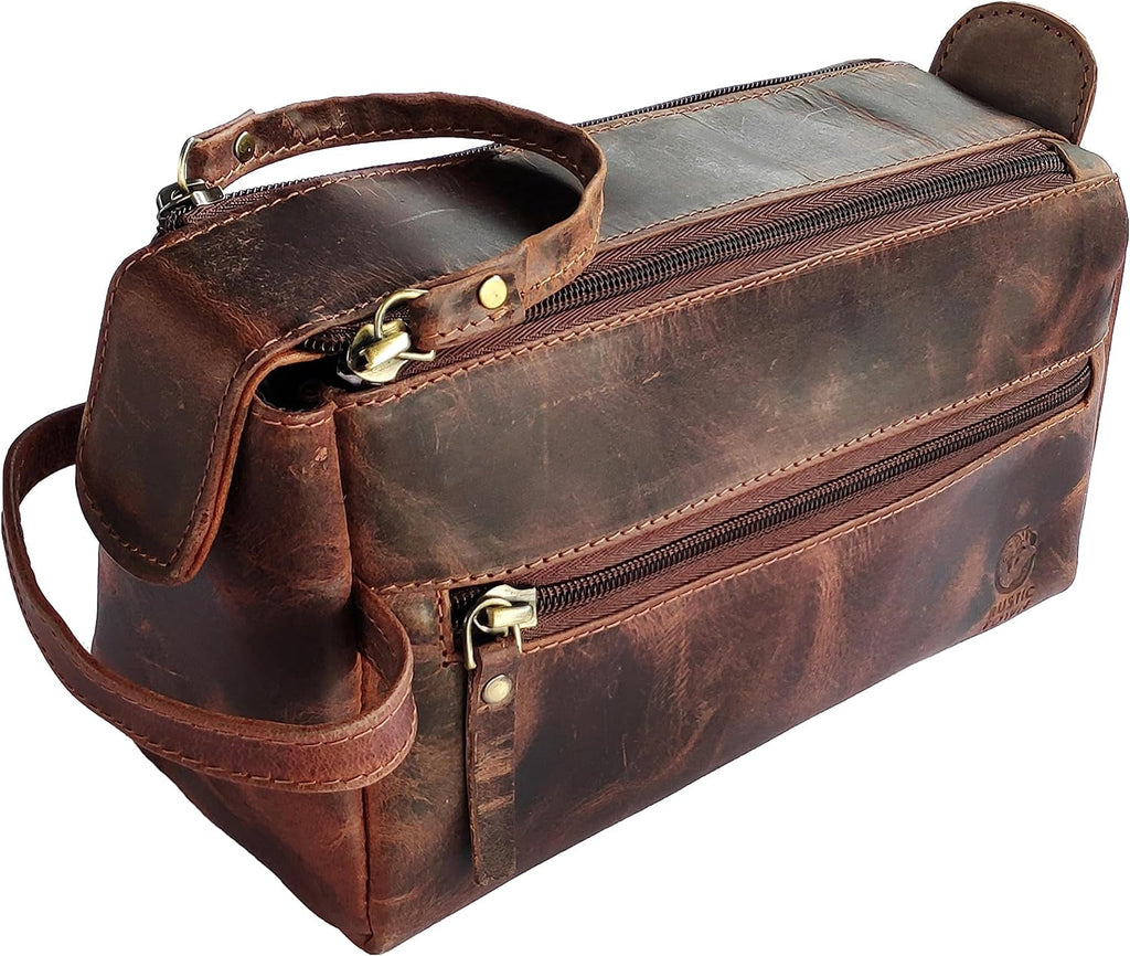 "Vintage Buffalo Leather Toiletry Bag: Stylish Travel Companion for Toiletries, Cosmetics & More - Spacious, Waterproof & Compact - Perfect for Luggage"