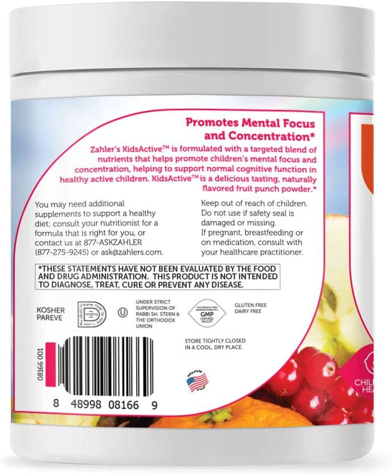 Zahler Kidsactive, Kids Concentration Formula Powder, All Natural Children’S Supplement Supporting Focus and Attention, Certified Kosher, 30 Servings Fruit Punch Flavored Powder