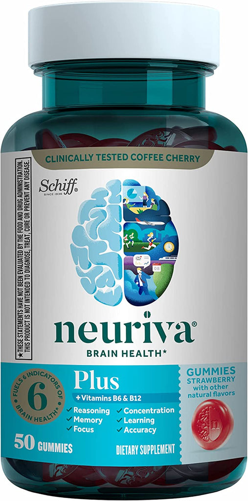 NEURIVA plus Brain Supplement for Memory, Focus & Concentration + Cognitive Function with Vitamins B6 & B12 and Clinically Tested Nootropics Phosphatidylserine and Neurofactor, 50Ct Strawberry Gummies