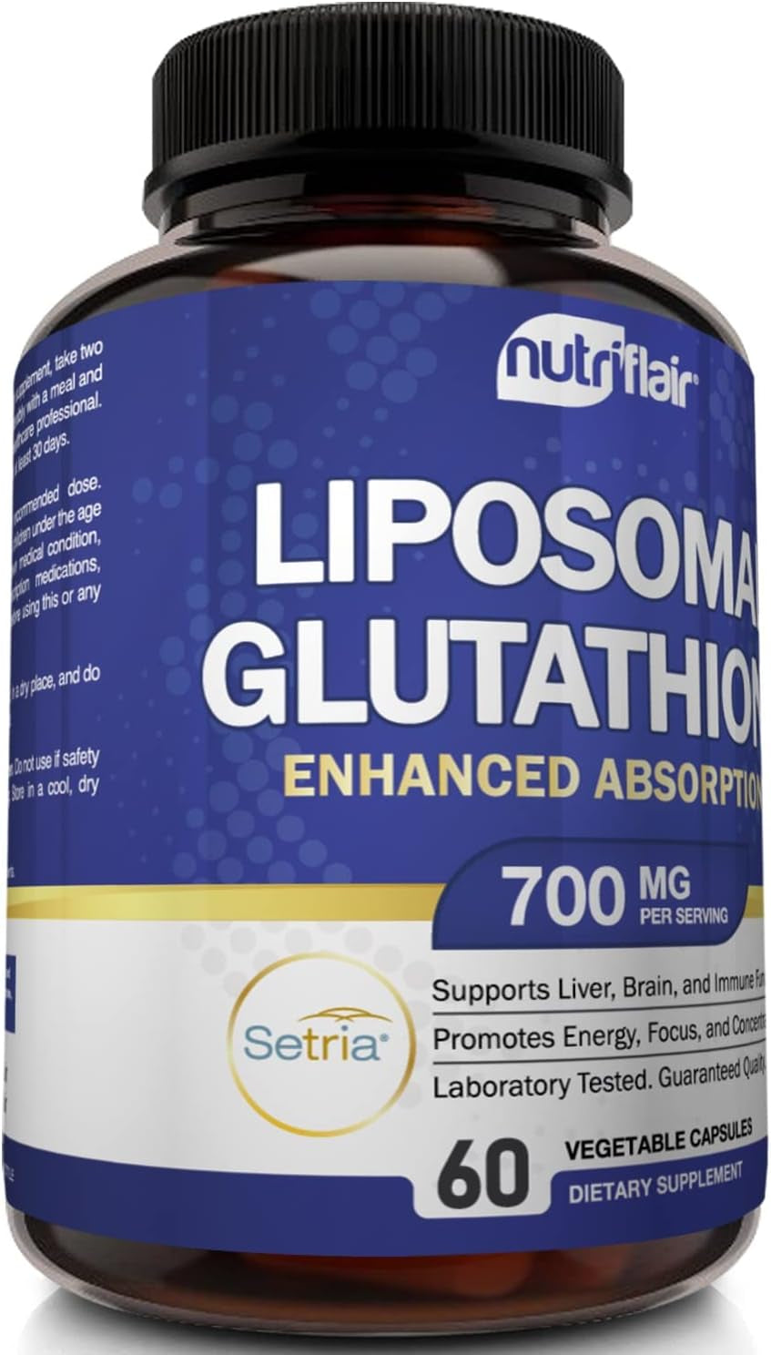 Nutriflair Liposomal Glutathione Supplement Setria® 700Mg - Pure Reduced, Stable, Active Form L Glutathione Reductase (GSH) - Non GMO Antioxidant Support, Detox, Cardiovascular, Brain, Immune Health