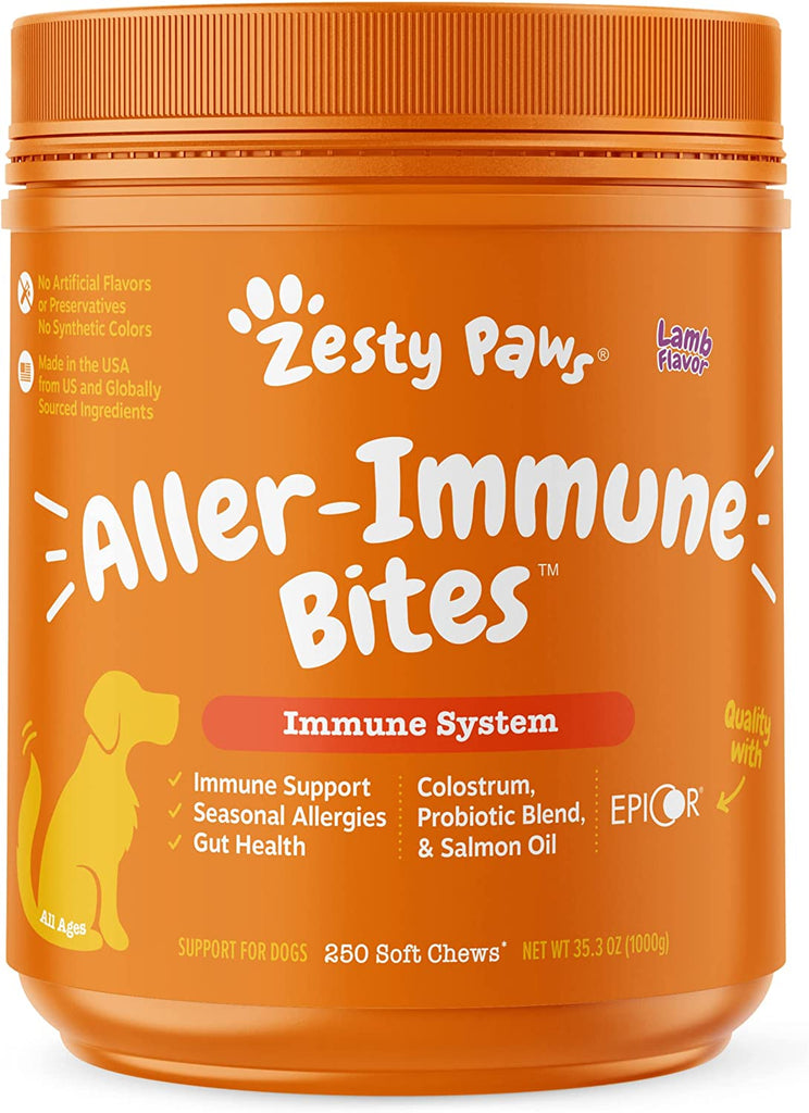 Zesty Paws Allergy Immune Supplement for Dogs Lamb- with Omega 3 Wild Alaskan Salmon Fish Oil & Epicor + Digestive Prebiotics & Probiotics - anti Itch & Skin Hot Spots + Seasonal Allergies - 90 Chews