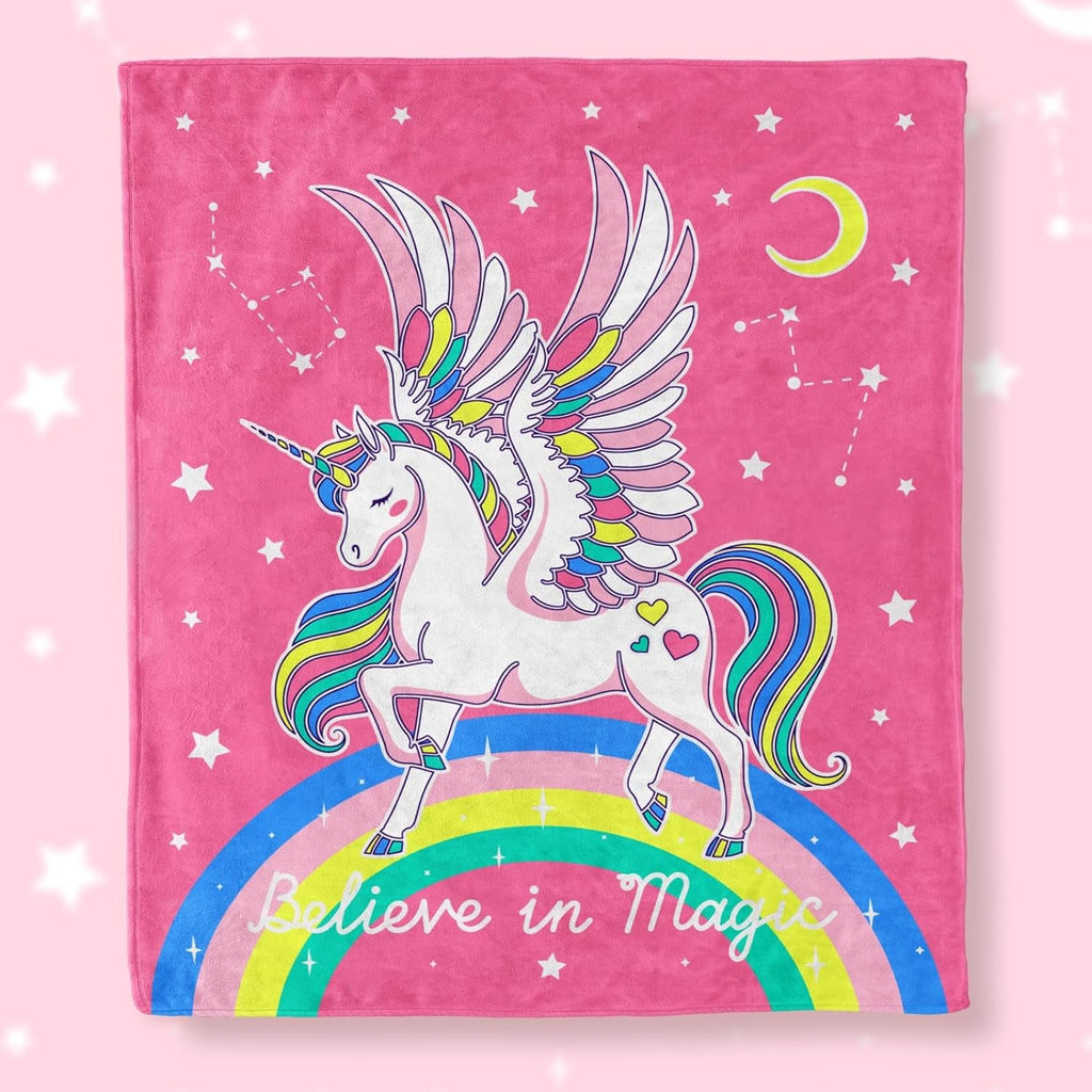 "Magical Unicorn Glow in the Dark Blanket - Perfect Gift for Girls Age 1-13, Ideal for Birthdays, Halloween, Easter, and More! Vibrant Rainbow Moon and Stars Design, Cozy Throw for Toddler, Teen, Daughter, and Grandkids, Size 50"X60""