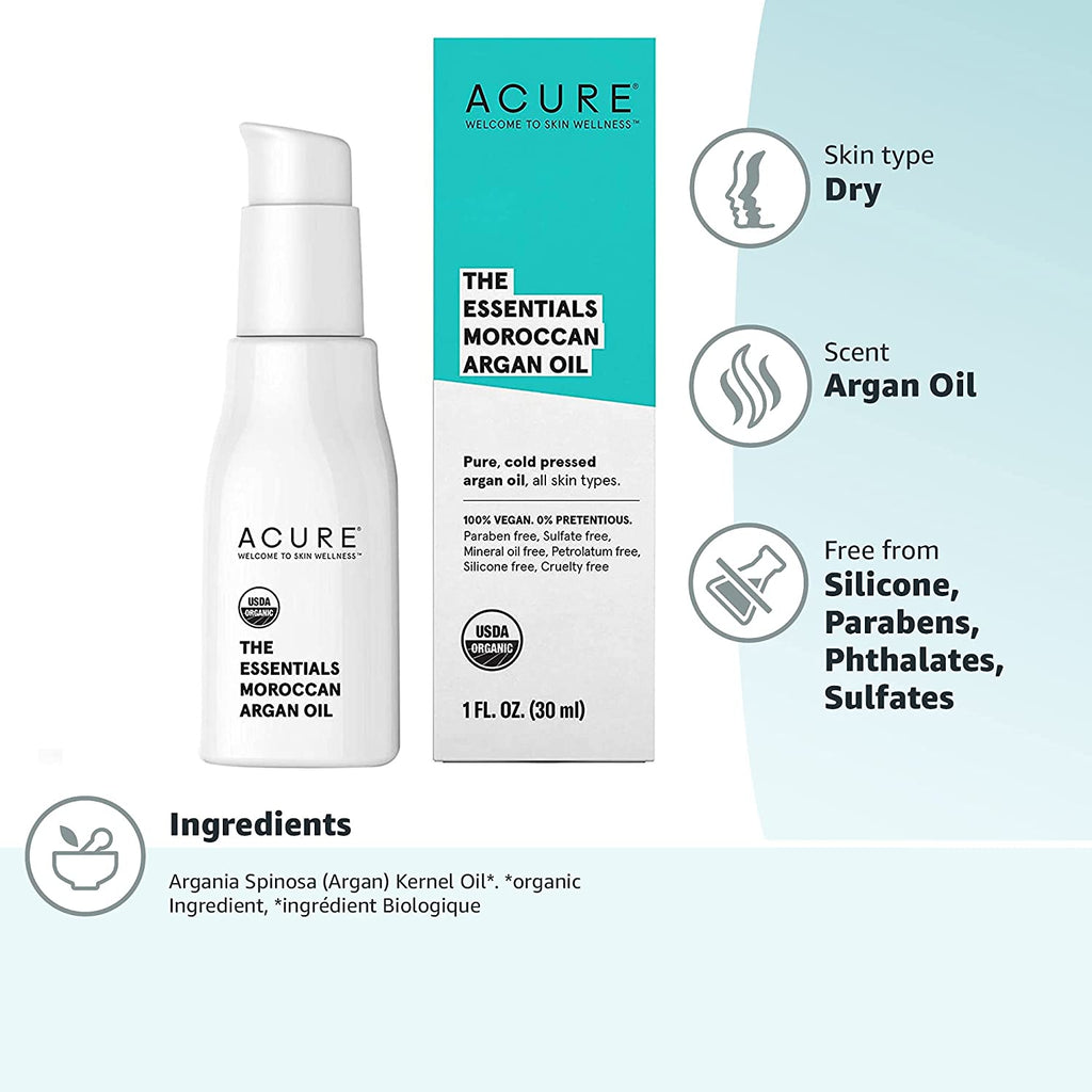 Acure the Essentials Moroccan Argan Oil | 100% Vegan | Versatile - for Any Skin & Hair Care Regimen | Pure, Cold Pressed & Rich in Vitamin E - Hydrates & Restores | 1 Fl Oz