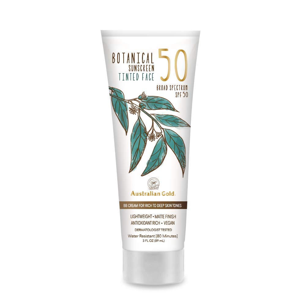 Australian Gold Botanical SPF 50 Tinted Sunscreen for Face, Non-Chemical BB Cream & Mineral Sunscreen, Water-Resistant, Matte Finish, for Sensitive Facial Skin, 3 FL Oz
