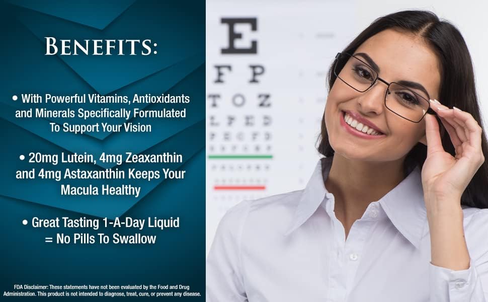 Liquid 20/20 Vision - Eye Vitamin Formula W/20Mg Lutein, 4Mg Zeaxanthin, 4Mg Astaxanthin for Vision Support –Max Absorption- Great Taste & No Pills to Swallow– 32 Serv, 32Oz