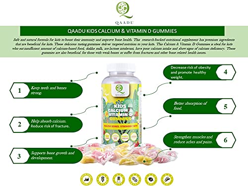 QAADU Ayurvedic Kids Calcium & Vitamin D Gummies for Healthy Bones, Stronger Teeth, and Growth, Vegan, Delicious Mango & Strawberry Flavor, 60 Chewable Gummies, Certified Vegan by the Vegan Society of UK