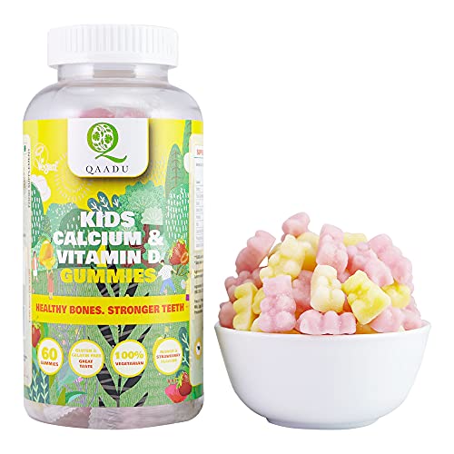 QAADU Ayurvedic Kids Calcium & Vitamin D Gummies for Healthy Bones, Stronger Teeth, and Growth, Vegan, Delicious Mango & Strawberry Flavor, 60 Chewable Gummies, Certified Vegan by the Vegan Society of UK