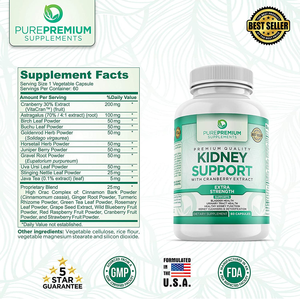 Premium Kidney Support Supplement by Purepremium Supports Urinary Tract and Normal Bladder Health – Cranberry Extract, Astragalus and Uva Ursi Leaf - 60 Caps
