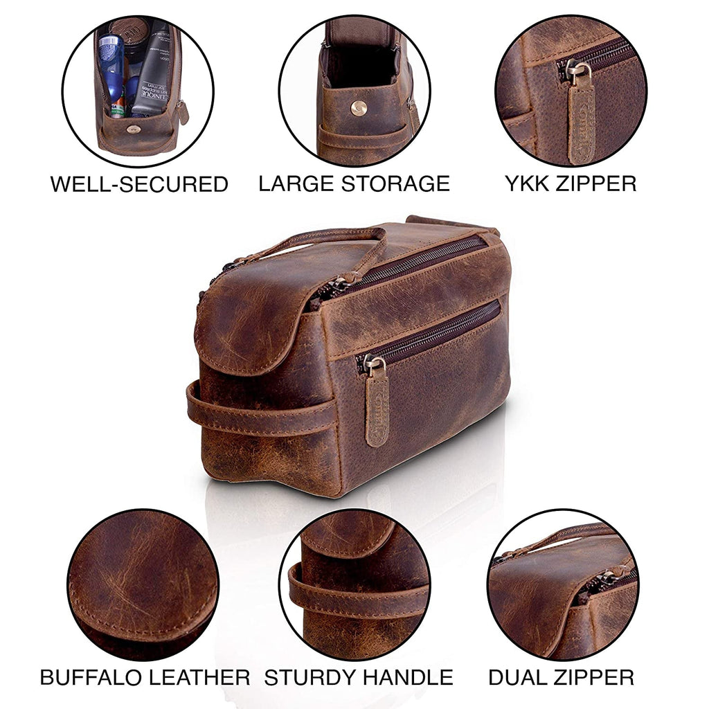 "Travel in Style with the Luxurious KOMALC Premium Buffalo Leather Unisex Toiletry Bag Dopp Kit"