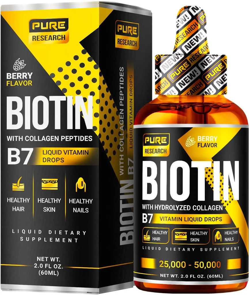 Pure Research Biotin & Collagen Hair Growth Liquid Drops 25,000 - 50,000Mcg Supports Strong Nails, Glowing Skin -  Healthy Hair Growth. Great Absorption (2Fl Oz)